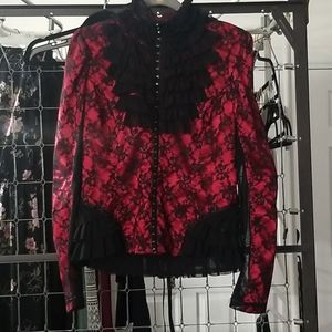 Red and Black Lace Mesh Ruffle Top